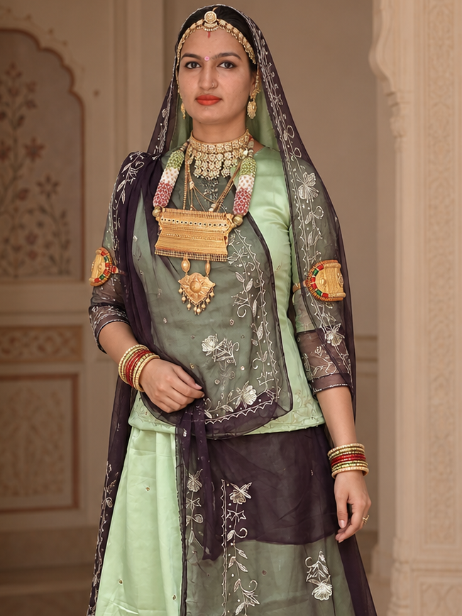 A woman models a traditional Indian salwar kameez outfit in sage green and black with gold embroidery, set against an ornate, historic interior with arches and brass lamps.