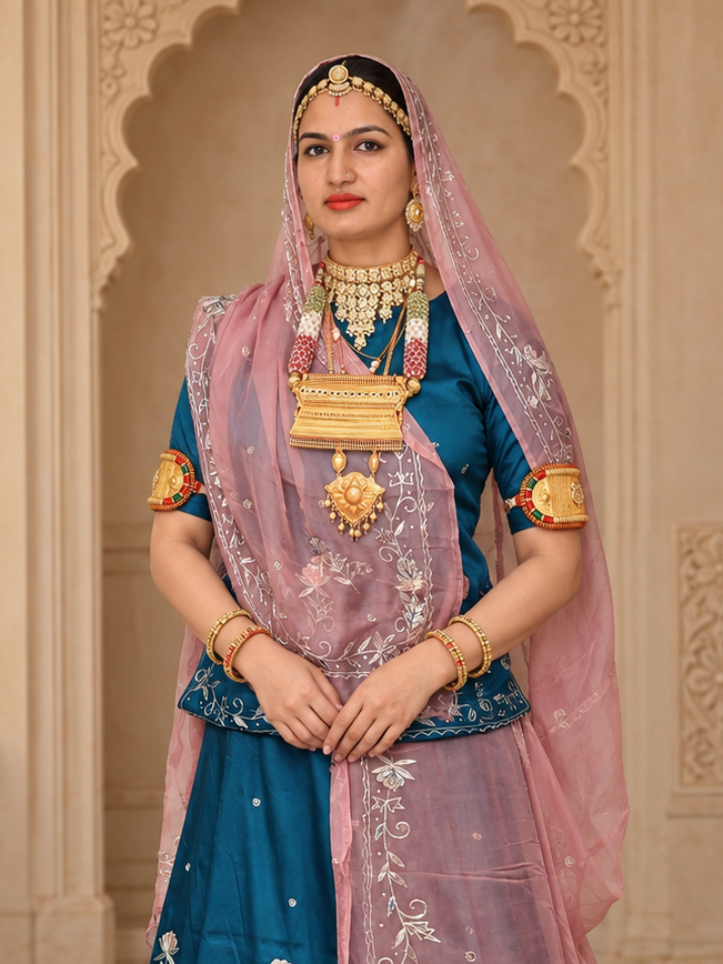 A woman models a traditional Indian salwar kameez outfit in sage green and black with gold embroidery, set against an ornate, warm-toned interior background with arches and brass lamps.