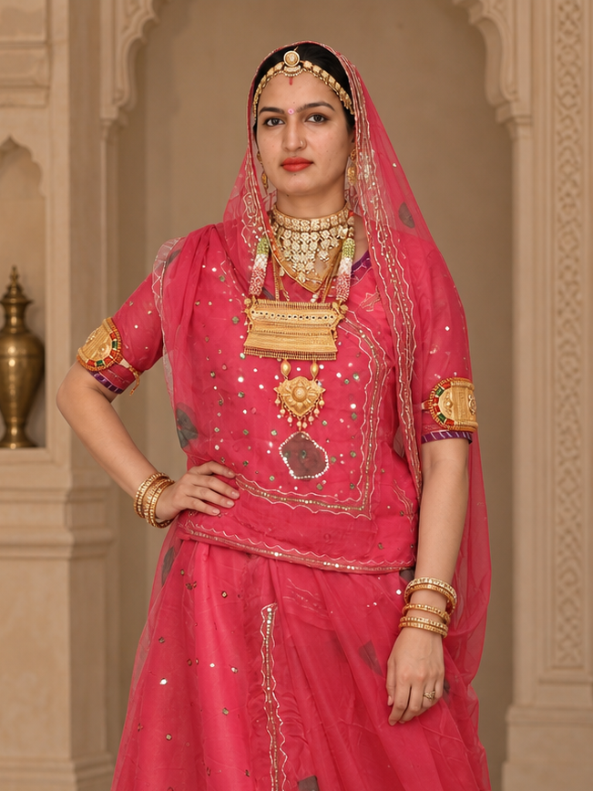 A woman models a traditional Indian salwar kameez outfit in a grand, ornate indoor setting. The outfit consists of a mint green satin kurta and flared skirt paired with a dark brown embroidered kameez jacket and a matching sheer black dupatta.