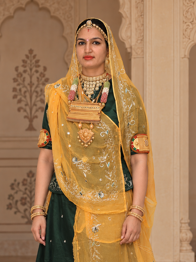 A woman models a traditional Indian salwar kameez outfit in sage green and black with gold embroidery, set against an ornate, historic interior with arches and brass lamps.