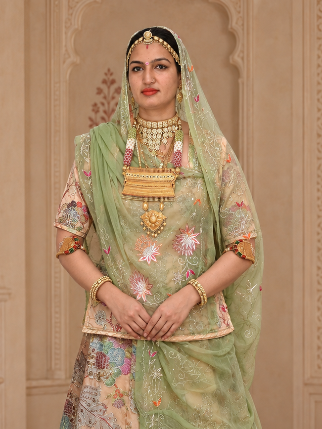 A woman models a traditional Indian salwar kameez outfit in sage green and black with gold embroidery, set against an ornate, historic interior with arches and brass lamps.