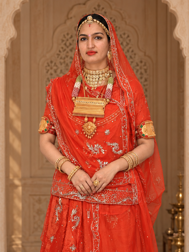 A woman models a traditional Indian Rajputi Poshak outfit in sage green and black with gold embroidery, set against an ornate, historic interior with arches and brass lamps.