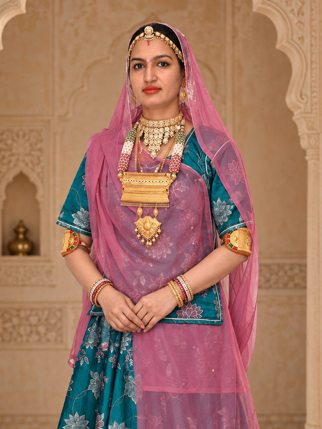 Classic Richa Silk Rajputi Suit with Kamal Pati Design & Rajan Lehriya Odhni | Teal Blue & Rani Pink | Traditional Ethnic Wear