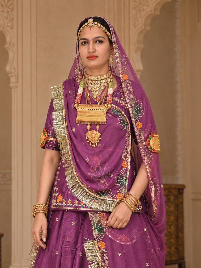 A woman models a traditional Indian salwar kameez outfit in sage green and black with gold embroidery, set against an ornate, warm-toned interior background with arches and brass lamps.