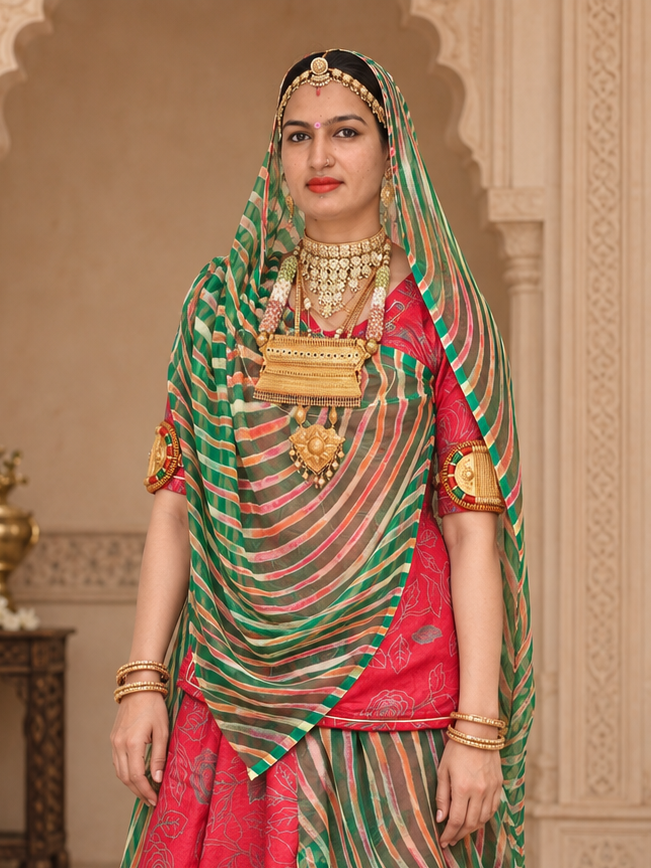 Classic Richa Silk Rajputi Suit with Rajan Lehriya Odhni | Kamal Pati Design | Pink & Green Traditional Dress