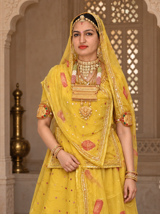 A woman models a traditional Indian salwar kameez outfit in sage green and black with gold embroidery, set against an ornate, warm-toned interior background with arches and brass lamps.