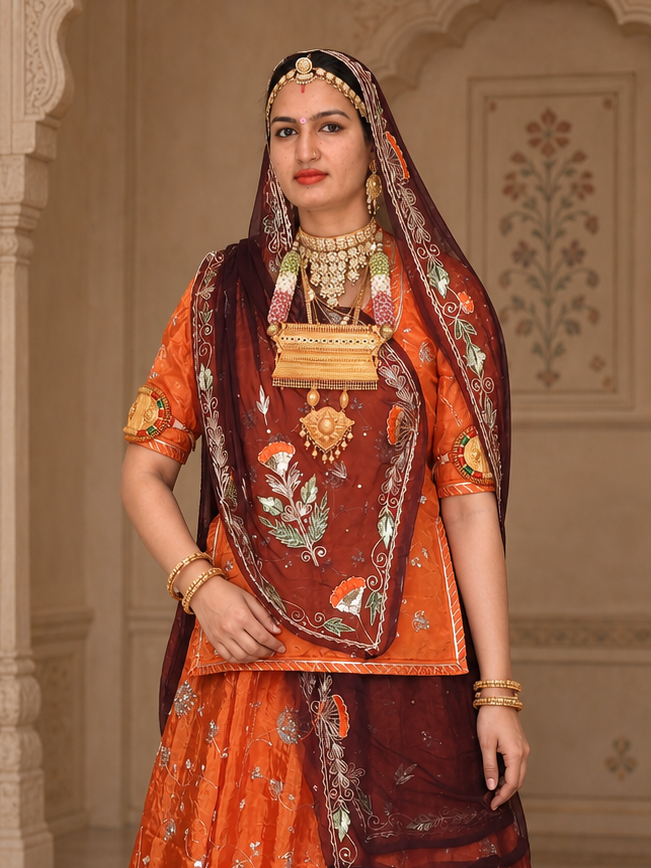 A woman models a traditional Indian salwar kameez outfit in sage green and black with gold embroidery, set against an ornate, historic interior with arches and brass lamps.