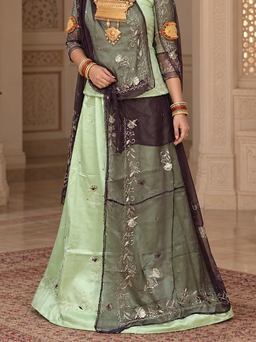 Rajputi Dress - Natural Crepe Pure Fabric With Zari Work - Pista Green With Bengani Tora Odhni