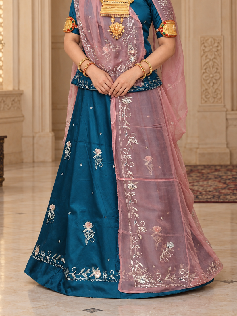 Rajputi Dress - Natural Crepe Pure Fabric With Zari Work - Dark Teal Blue With Peach Tora Odhni