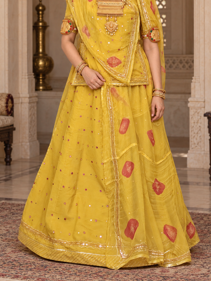 Yellow Mukesh Tari Suit with Pure Odhni | Traditional Rajputi Style Ethnic Wear