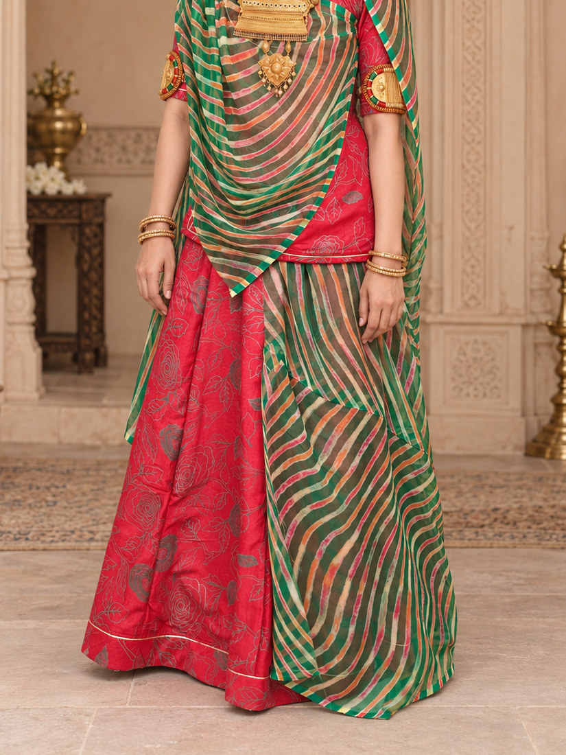 Classic Richa Silk Rajputi Suit with Rajan Lehriya Odhni | Kamal Pati Design | Pink & Green Traditional Dress