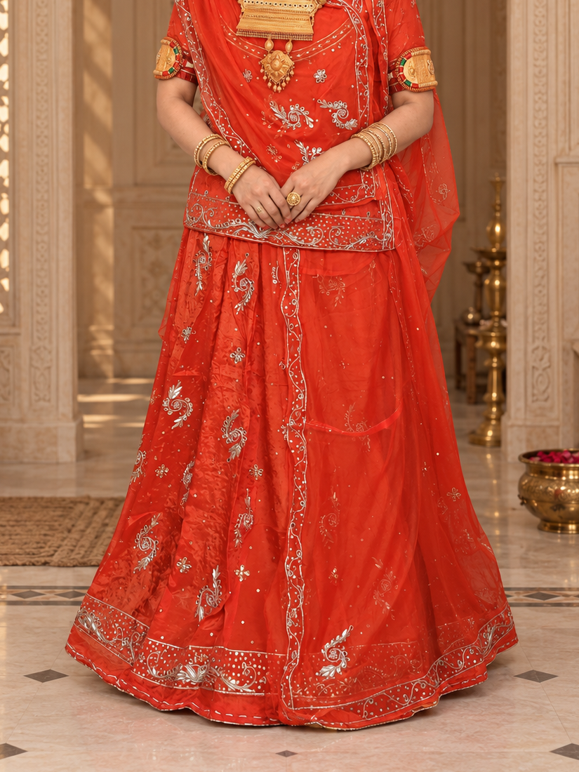 Burnt Orange Khuli Bunti Rajputi Poshak with Thakurji Pure Odhni | Natural Crepe Fabric | Heavy Zardoji Work | Traditional Rajasthani Bridal Wear