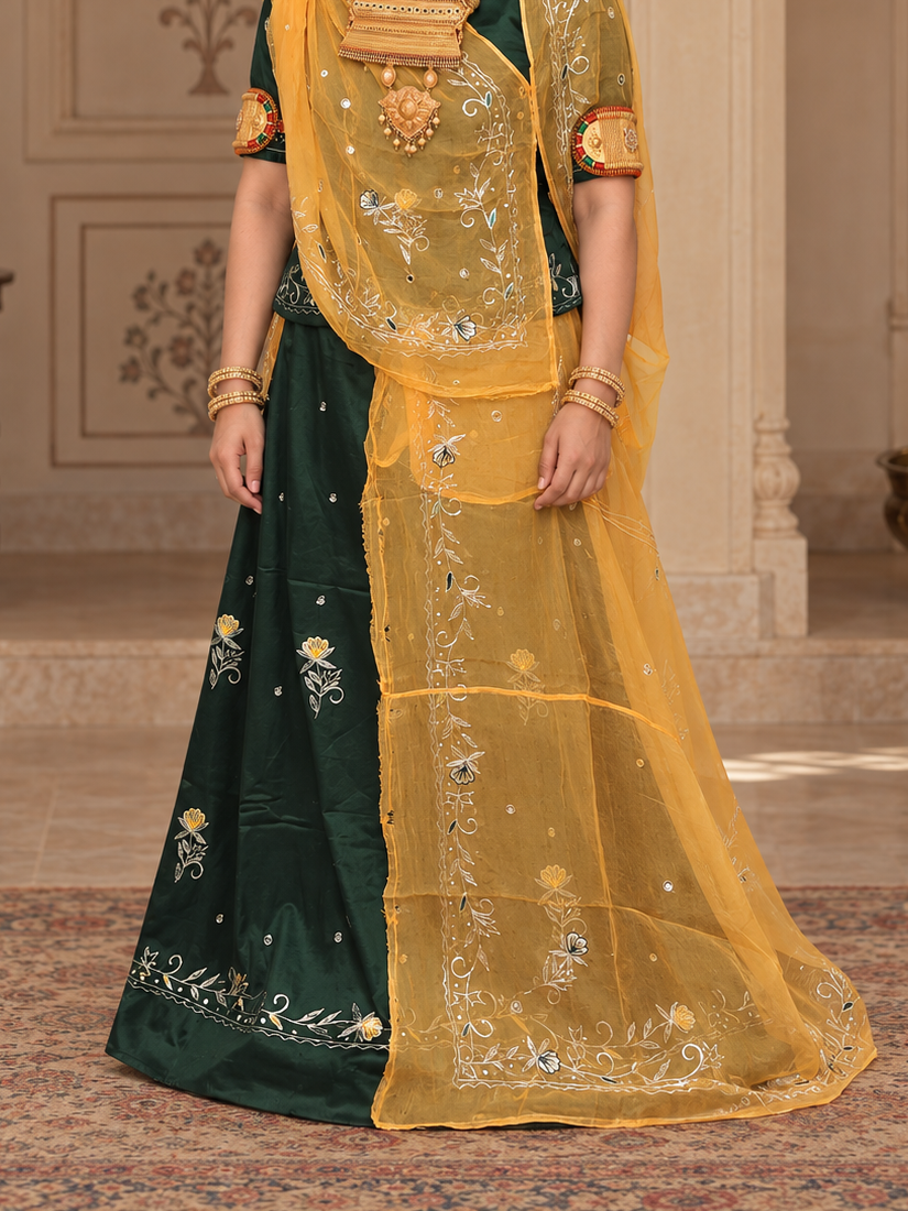 Rajputi Dress - Natural Crepe Pure Fabric With Zari Work - Dark Green With Yellow Tora Odhni