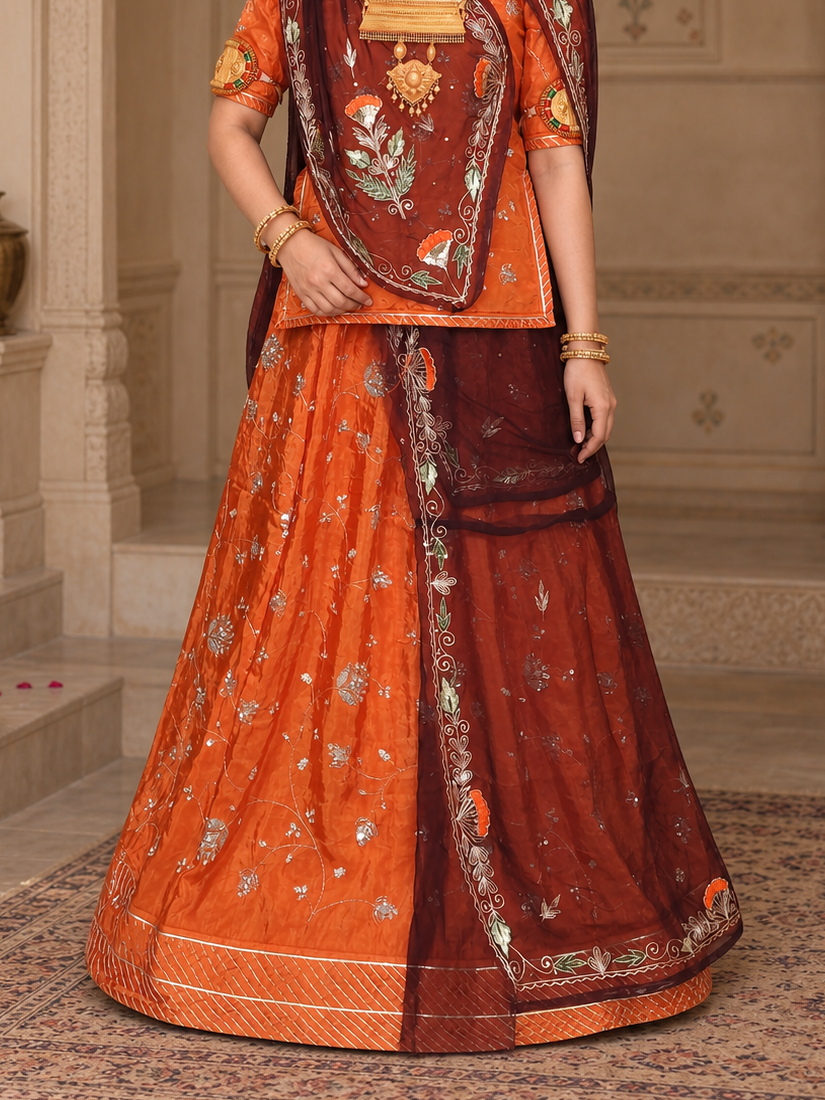 Rajputi Poshak – Cut Daana Natural Crepe – Pink & Orange with Zardoji Odhni