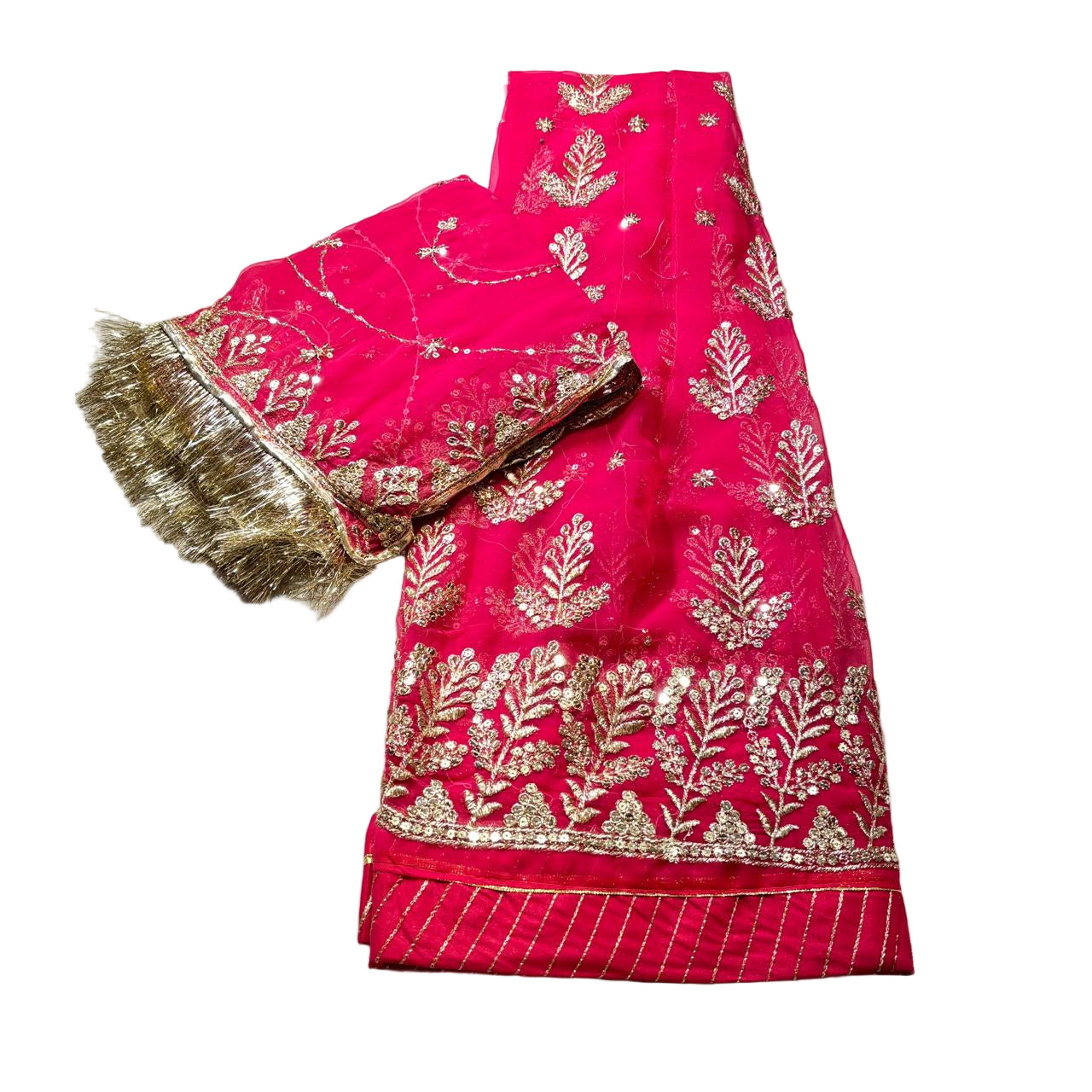 Pink saree with gold embroidery on a beige fabric background