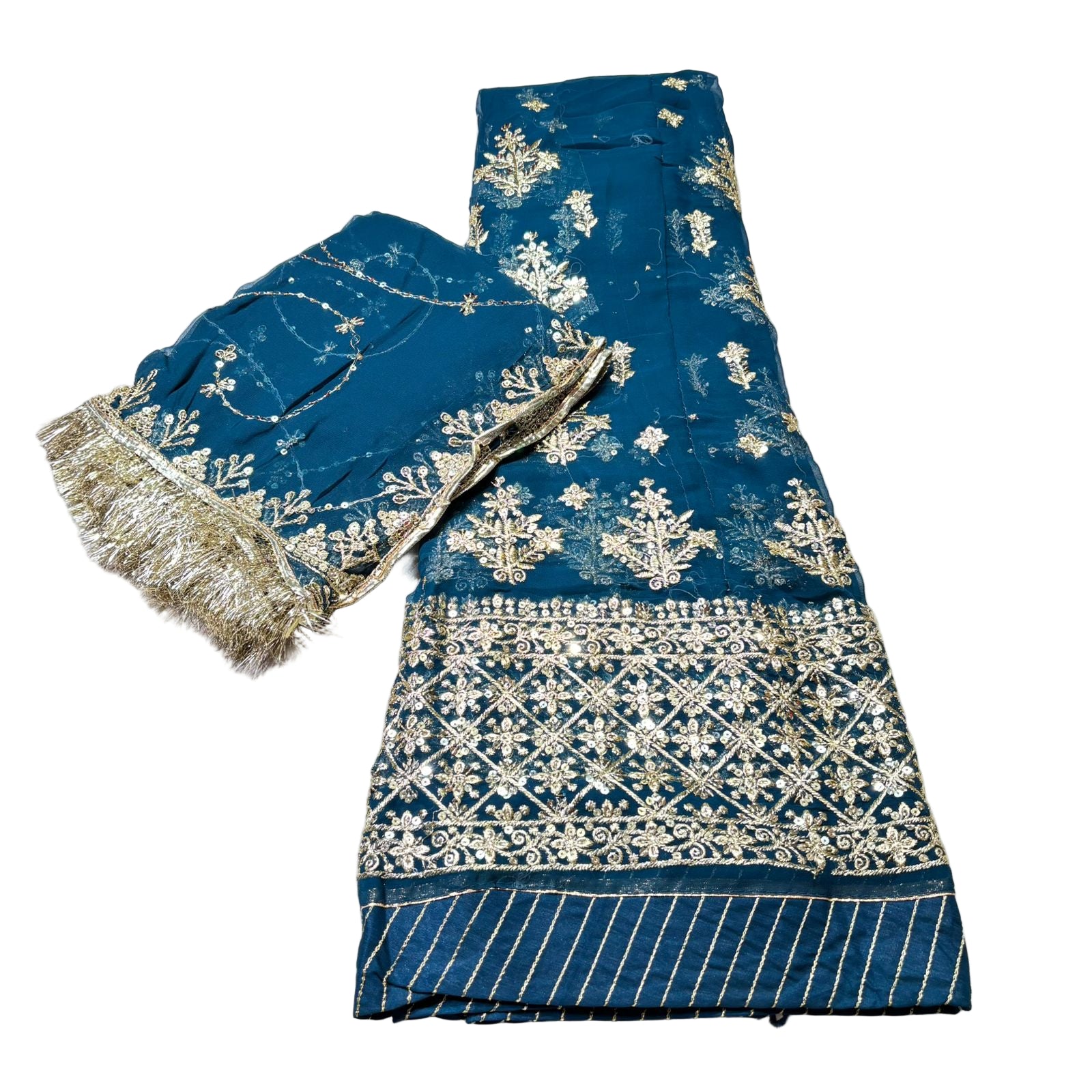 Blue embroidered fabric with gold patterns on a white background