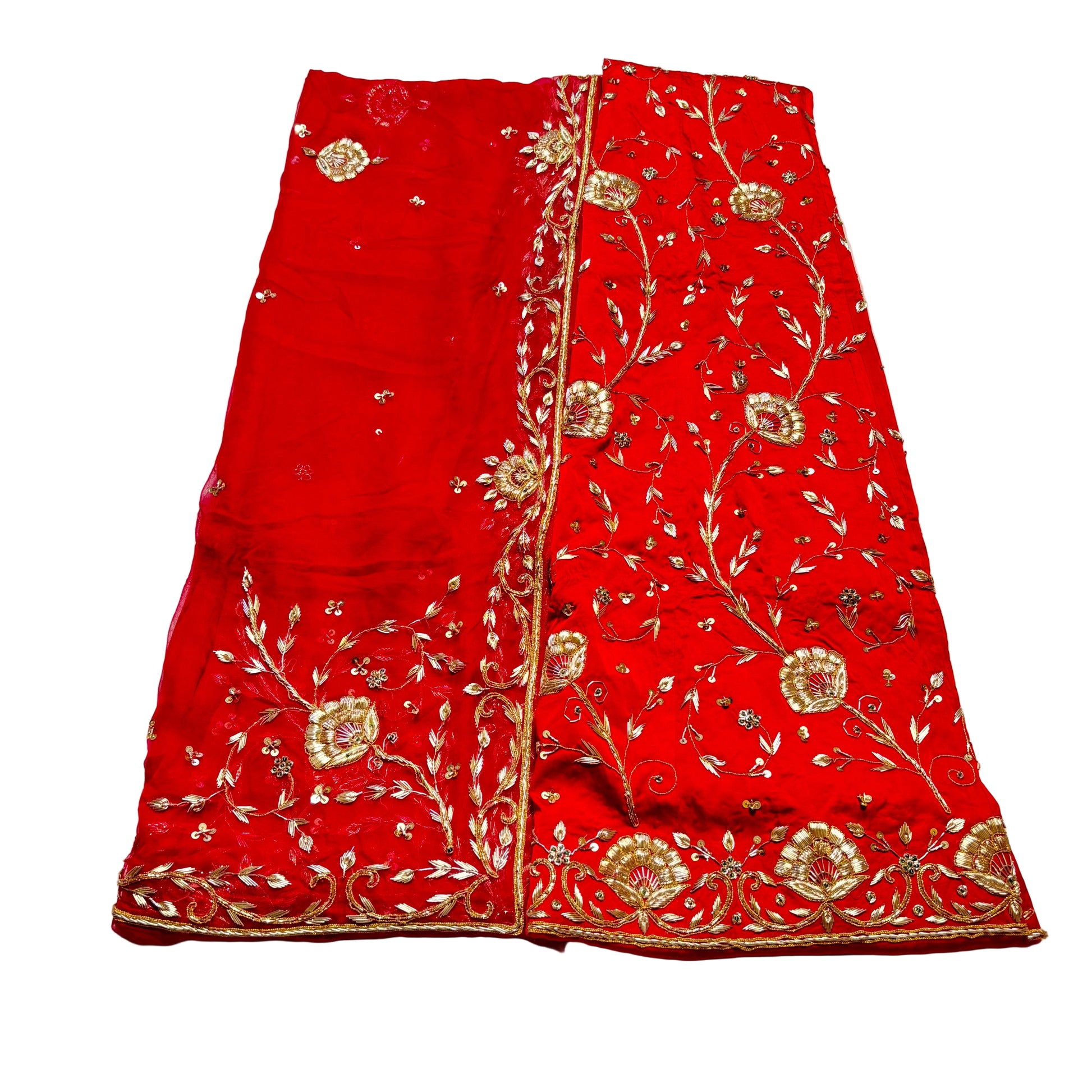 Red fabric with gold embroidery on a light gray background