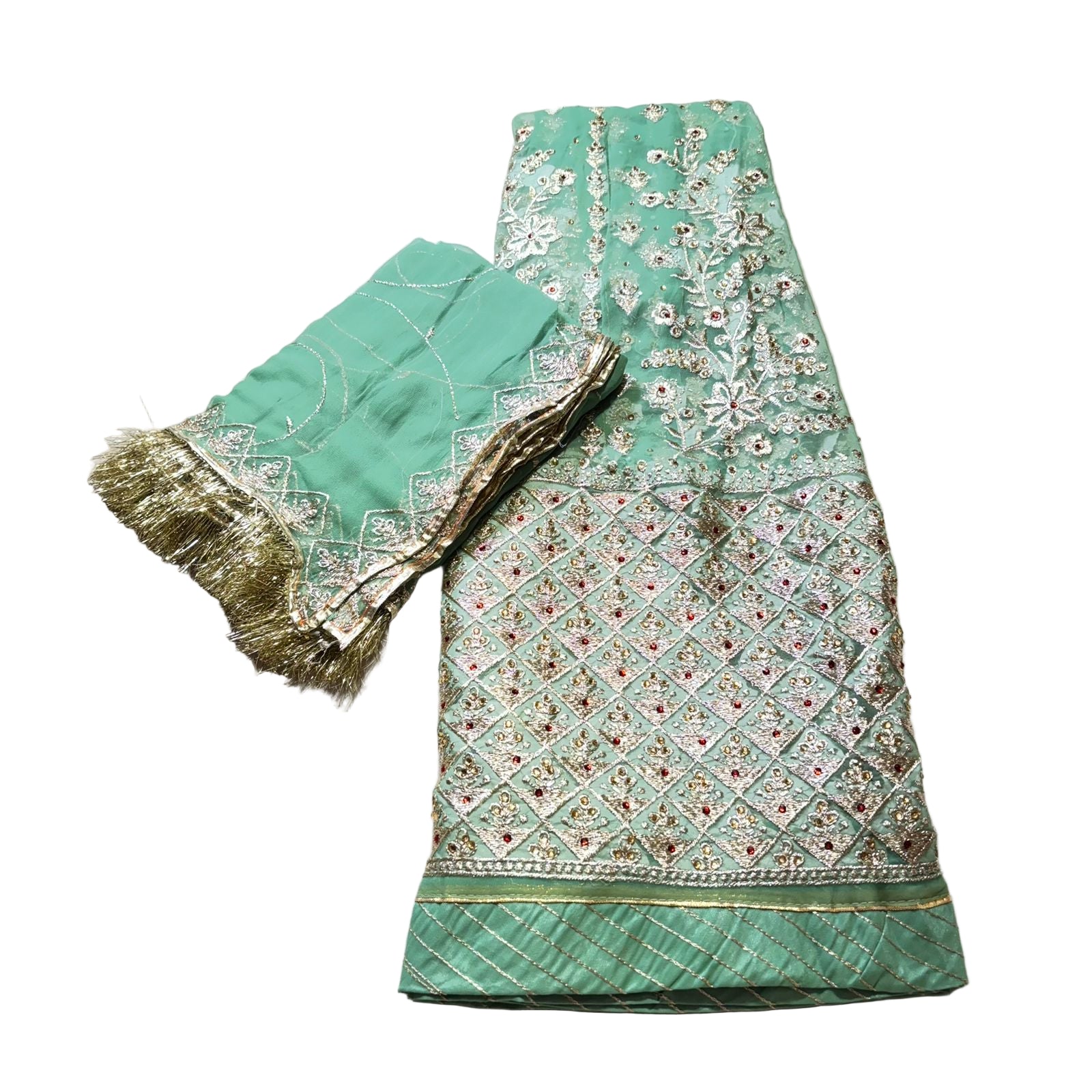 Green embroidered fabric with gold trim on a light background
