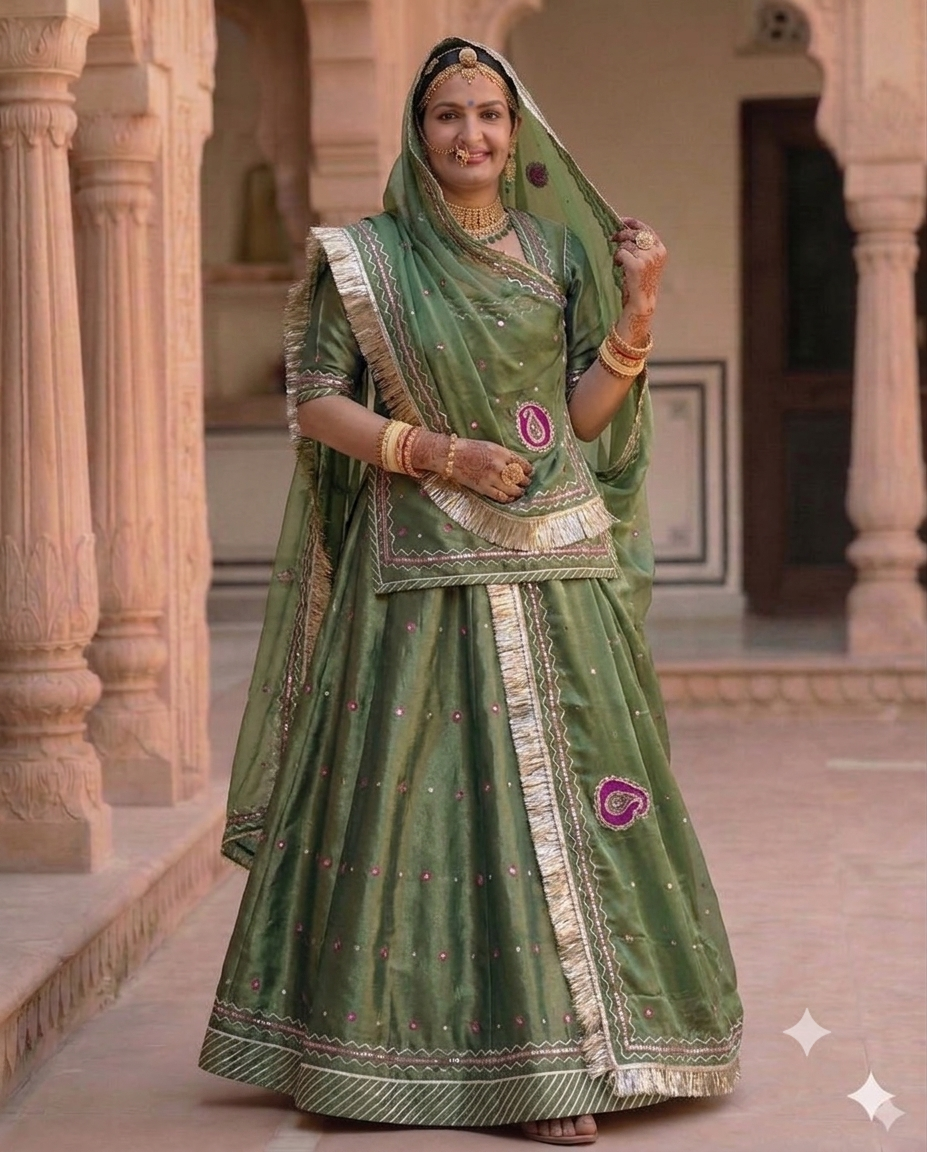 Premium Pure Tissue Fabric with Mukesh Tari Work & Leheriya Odhni | Traditional Rajputi Poshak Dress Material | All India Delivery