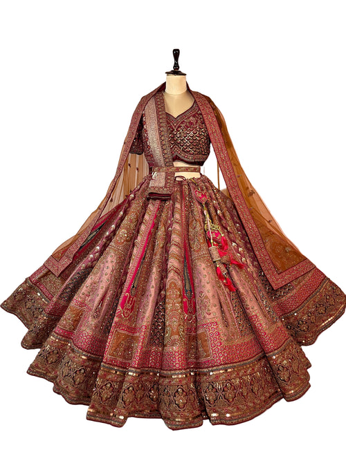 Antique Copper Silk Bridal Lehenga | Zardozi, Dabka & Mirror Work
