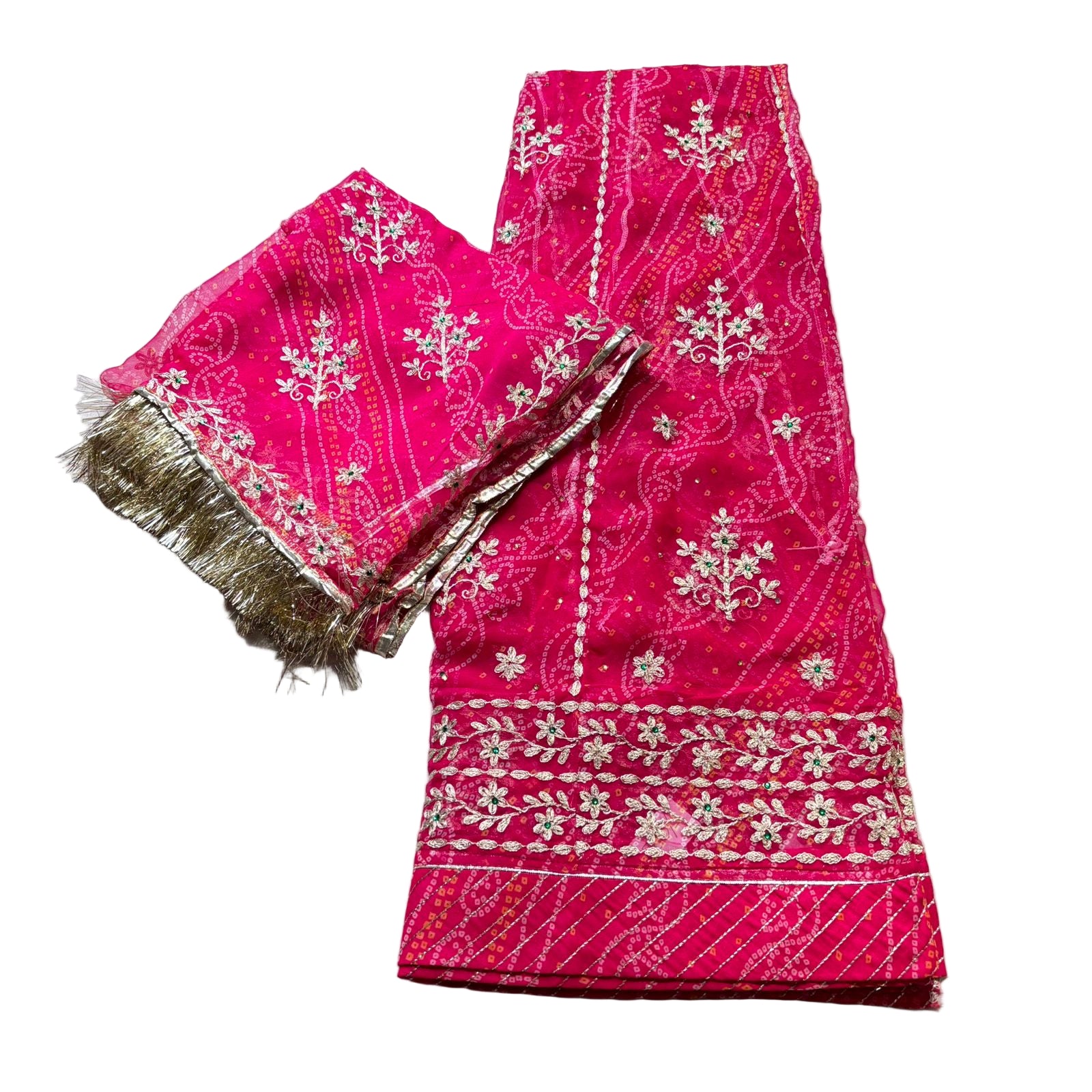 Pink embroidered fabric with gold patterns on a light gray background