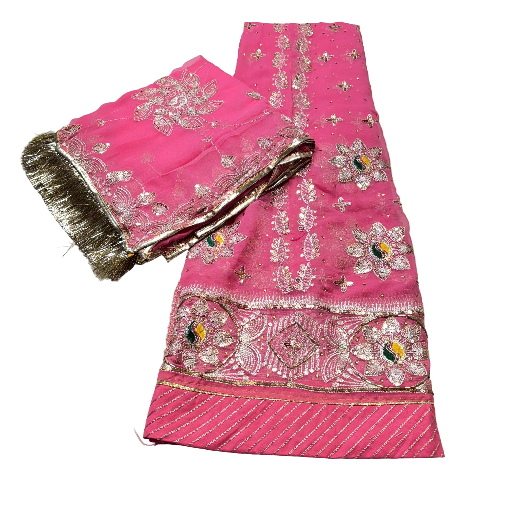 Pink embroidered saree with a gold border on a light gray background