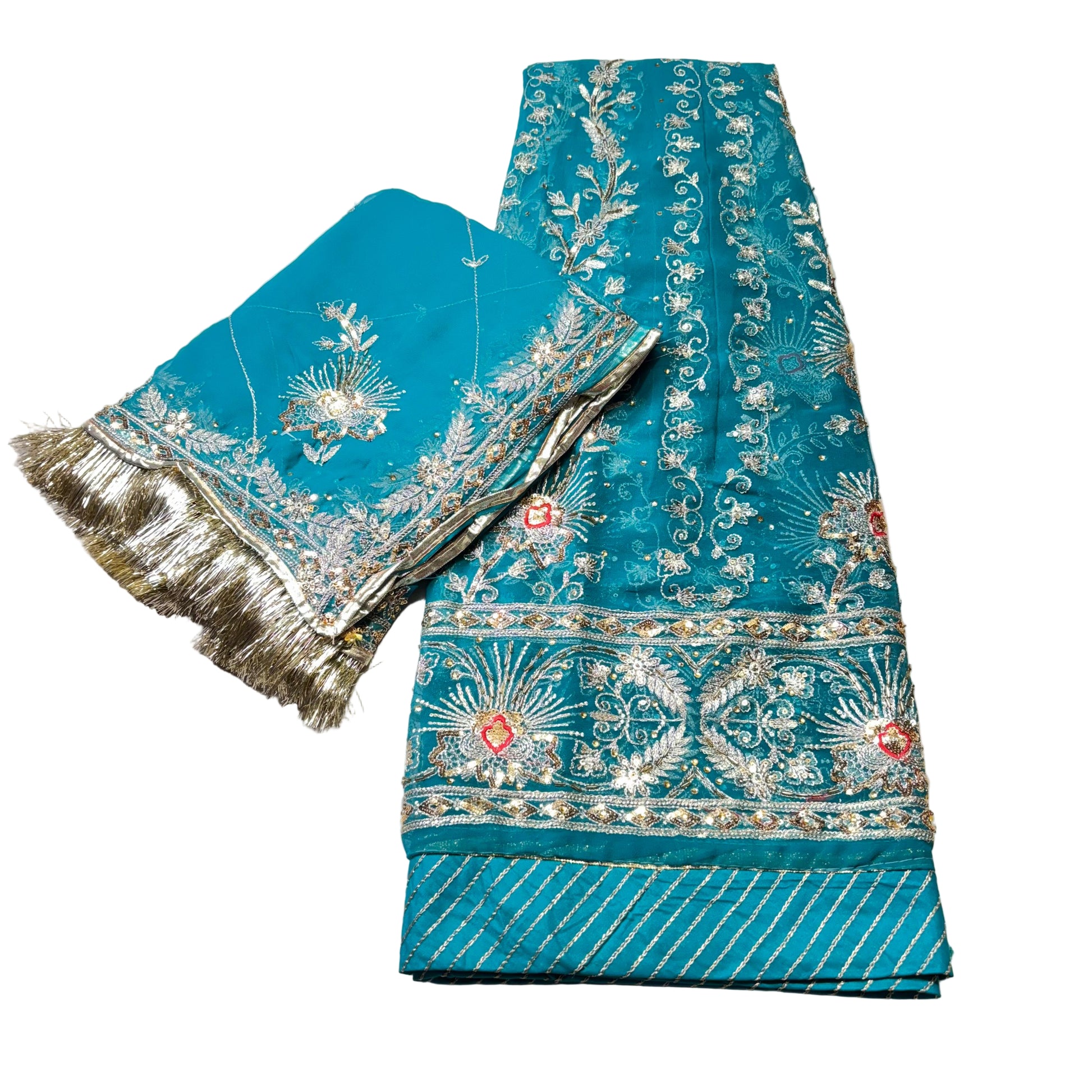 Turquoise fabric with intricate gold embroidery on a light gray background