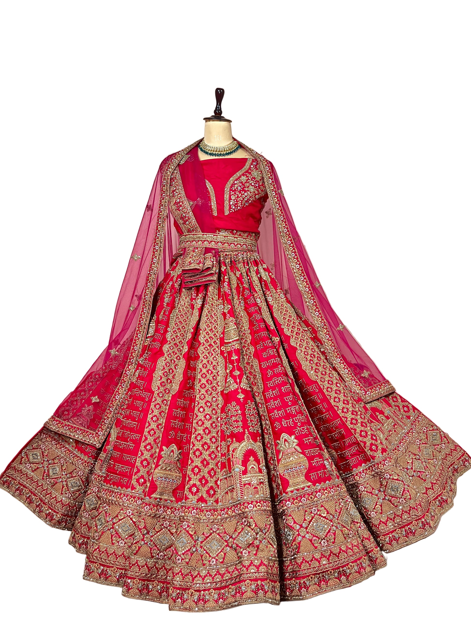 Rich Red Bridal Silk Lehenga with Sanskrit Shloka Embroidery & Temple Motifs