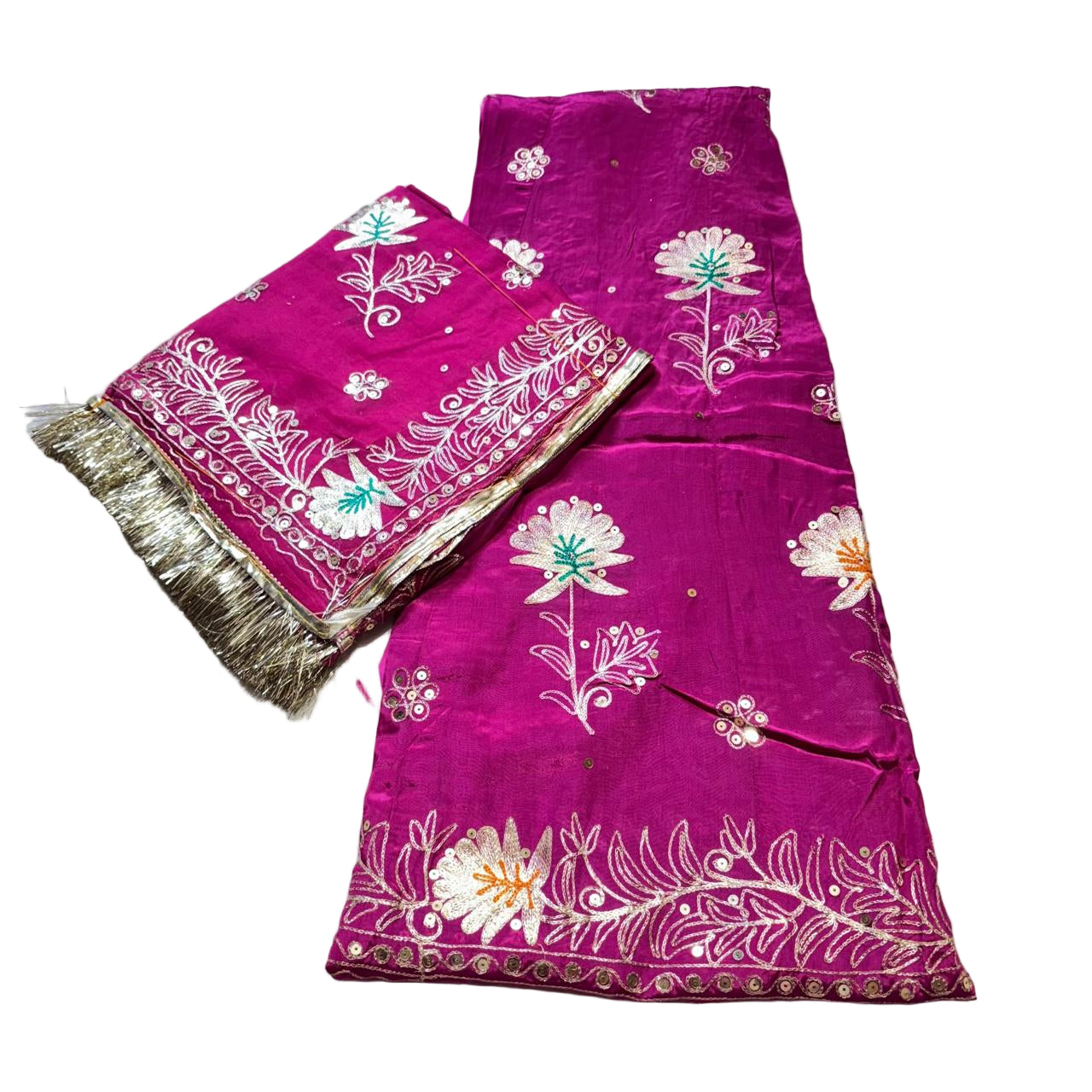 Purple fabric with white floral embroidery on a white background