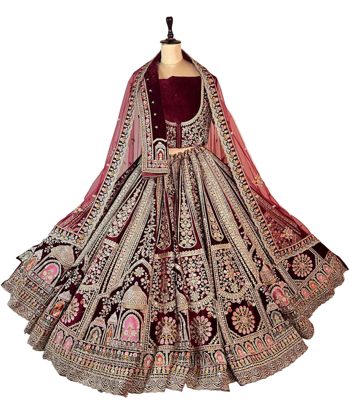 Premium Velvet Bridal Lehenga | Zardozi & Dabka Hand Embroidery | Wine Maroon