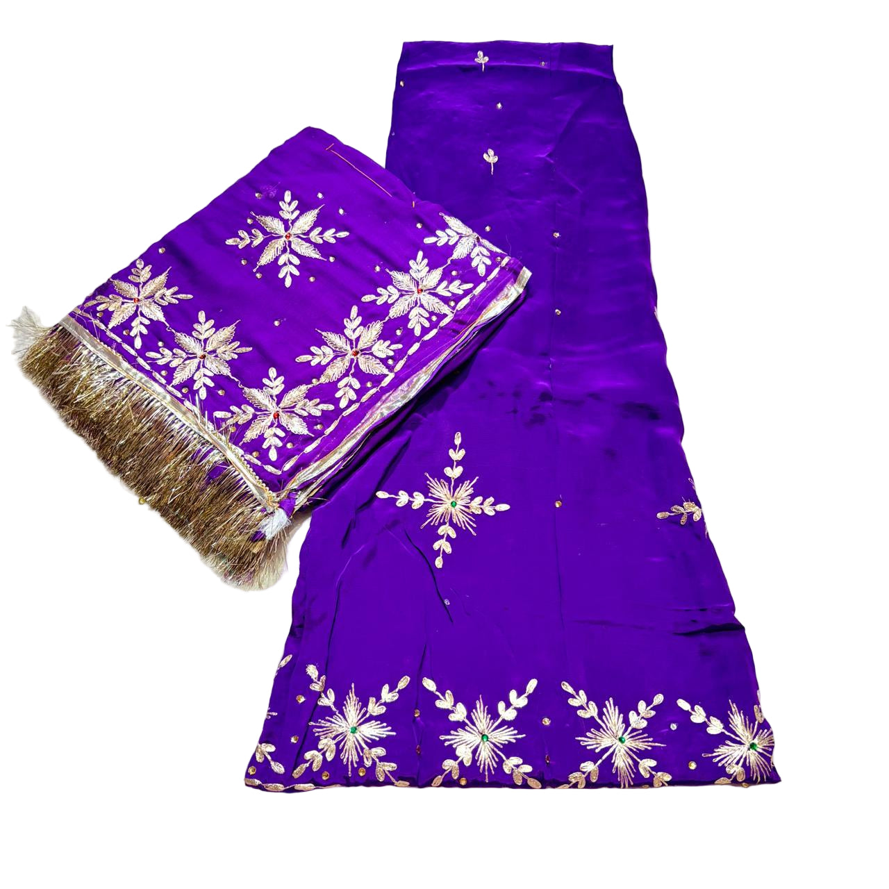 Purple fabric with white floral patterns on a light gray background