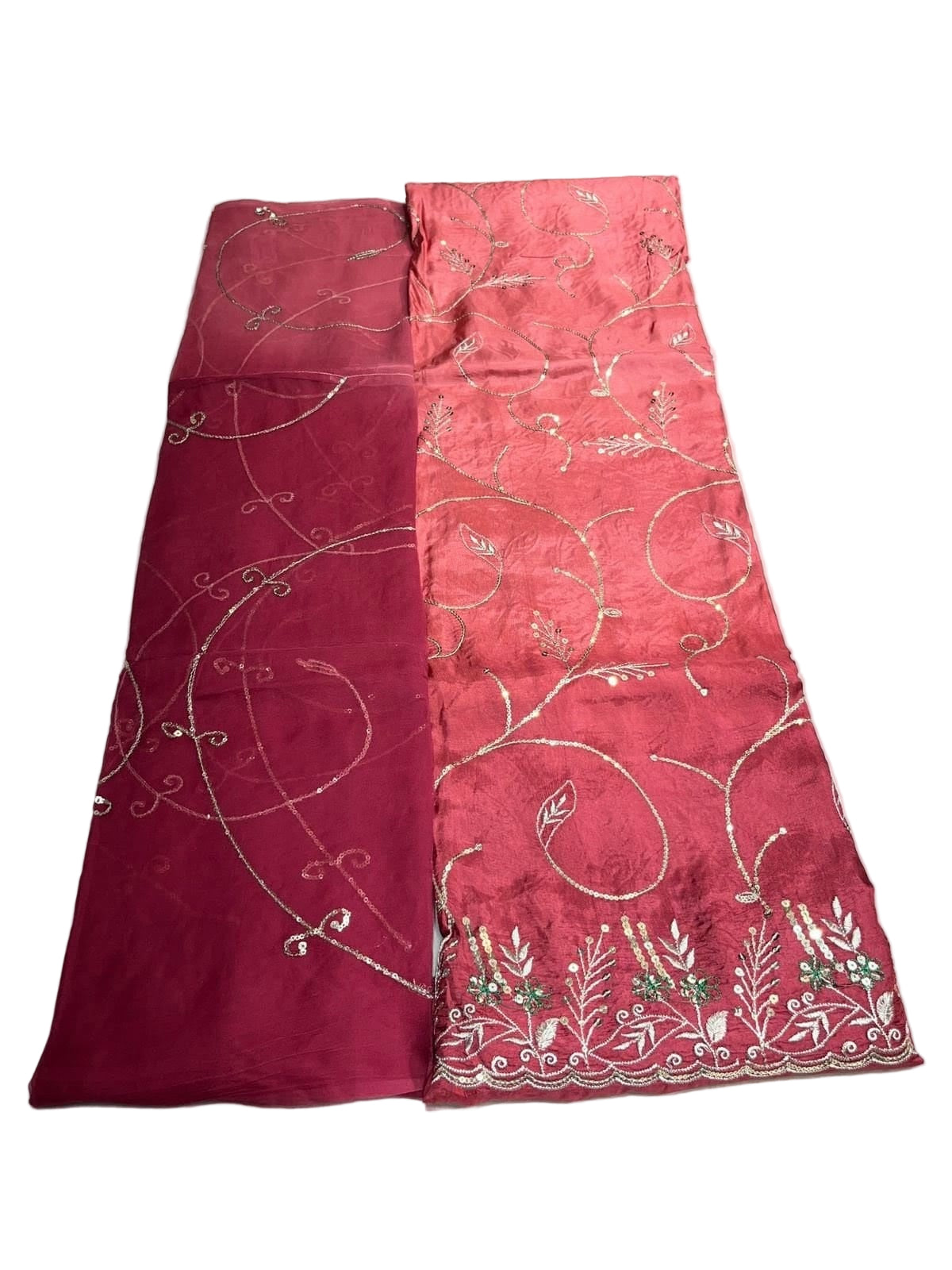 Two pieces of red fabric with intricate patterns on a white background