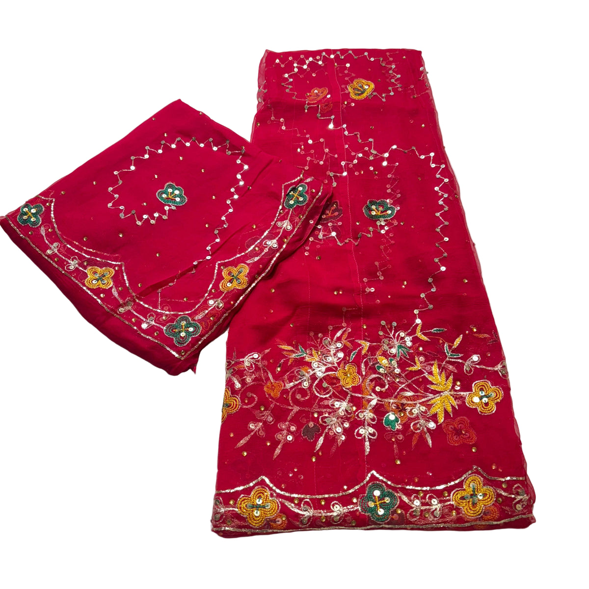 Red embroidered fabric with floral patterns on a white background