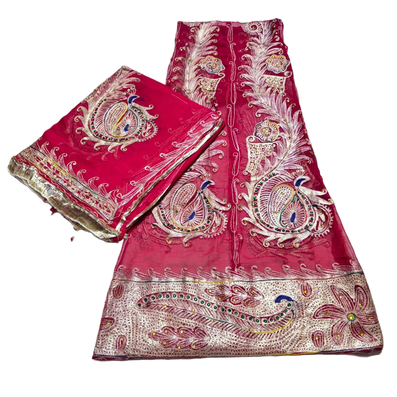 Pink fabric with intricate gold and white embroidery on a white background