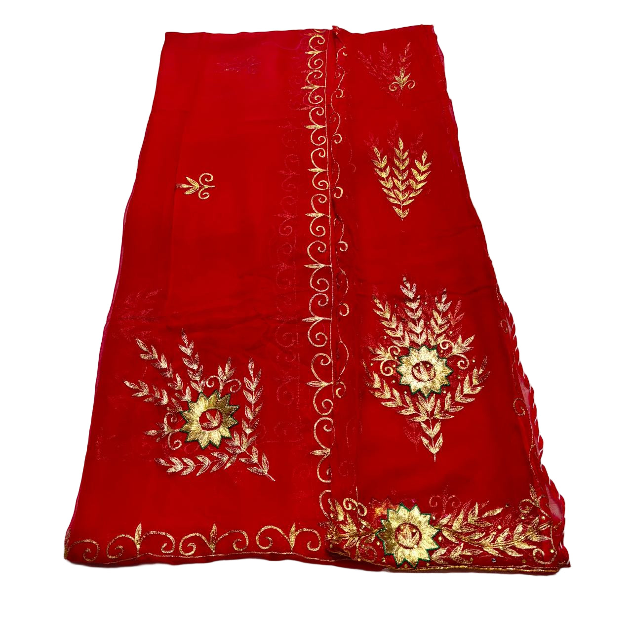 Red fabric with gold embroidery on a light beige background