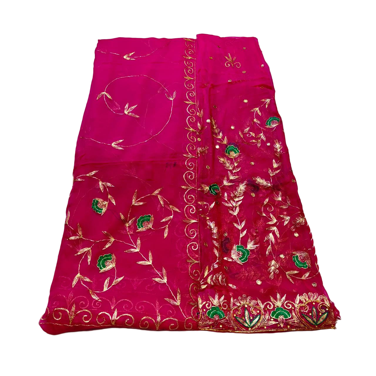 Pink fabric with gold and green embroidery on a white background
