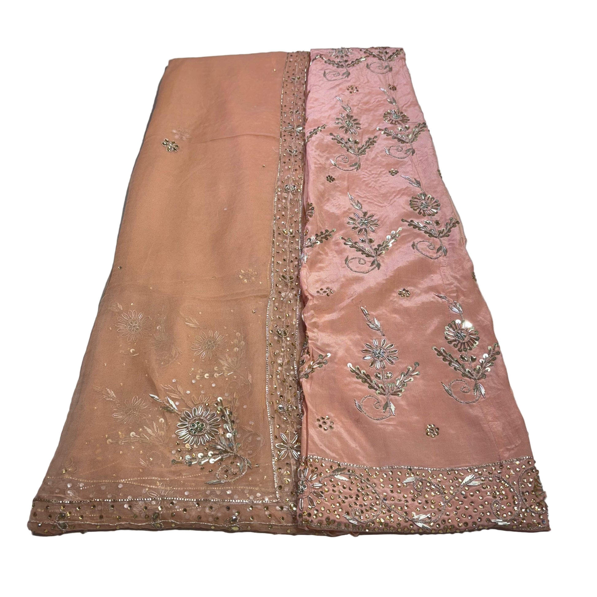 Decorative fabric with floral embroidery on a light gray background