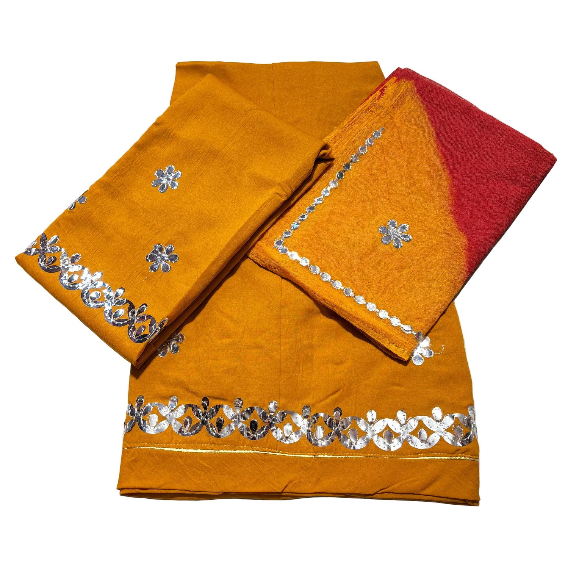 Orange fabric with silver floral embroidery on a light gray background