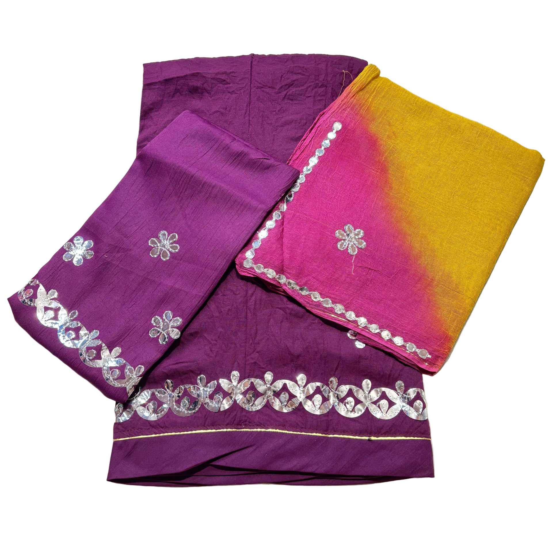 Purple and yellow saree with floral embroidery on a light gray background