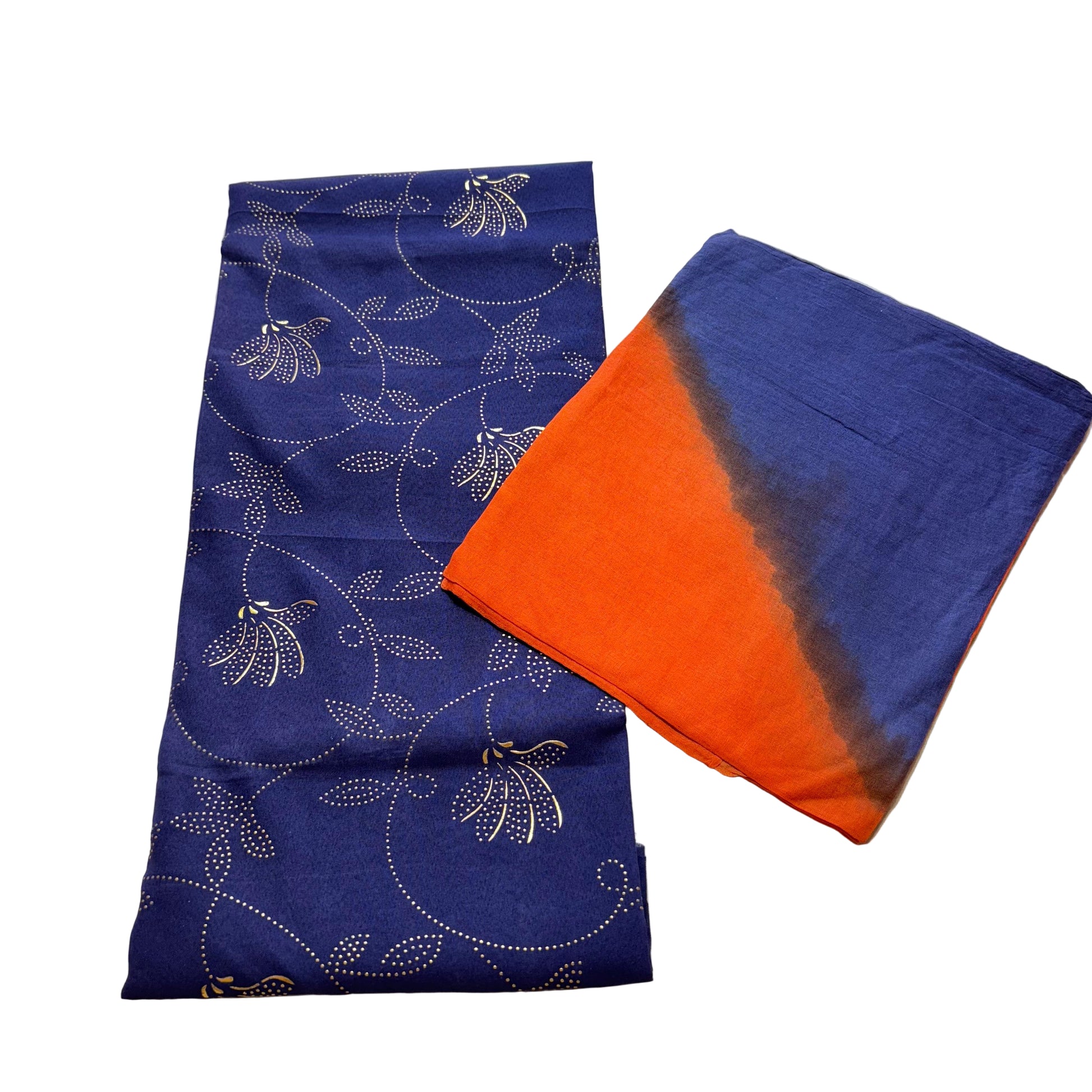 Two blue scarves with floral patterns on a light gray background