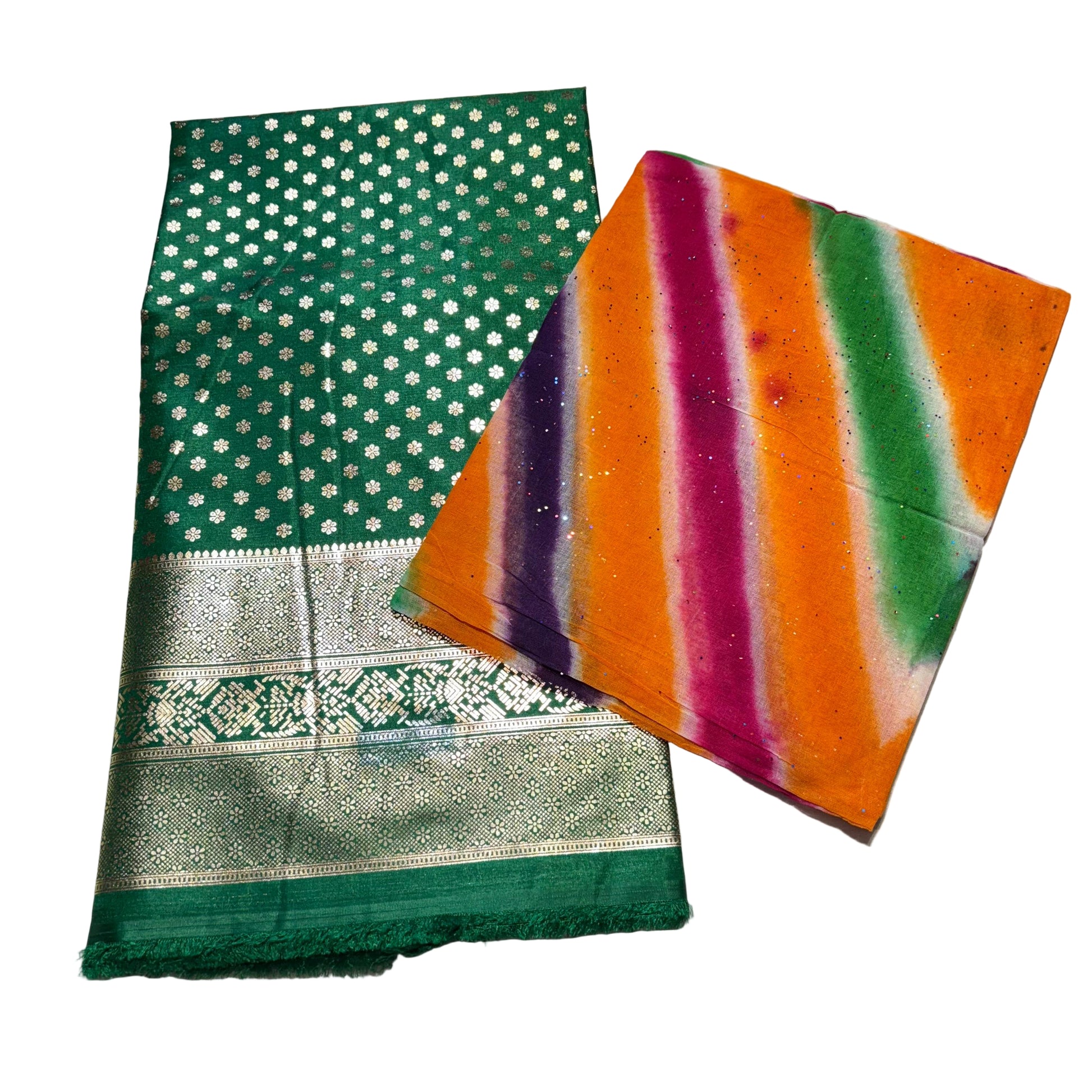 Two pieces of fabric, one green with white patterns and the other multicolored striped, on a light gray background.
