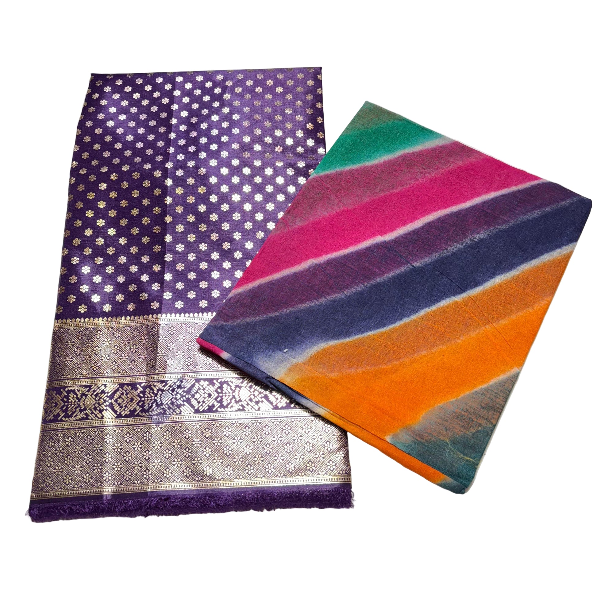 Two fabric swatches, one purple with patterns and the other multicolored stripes, on a light background.