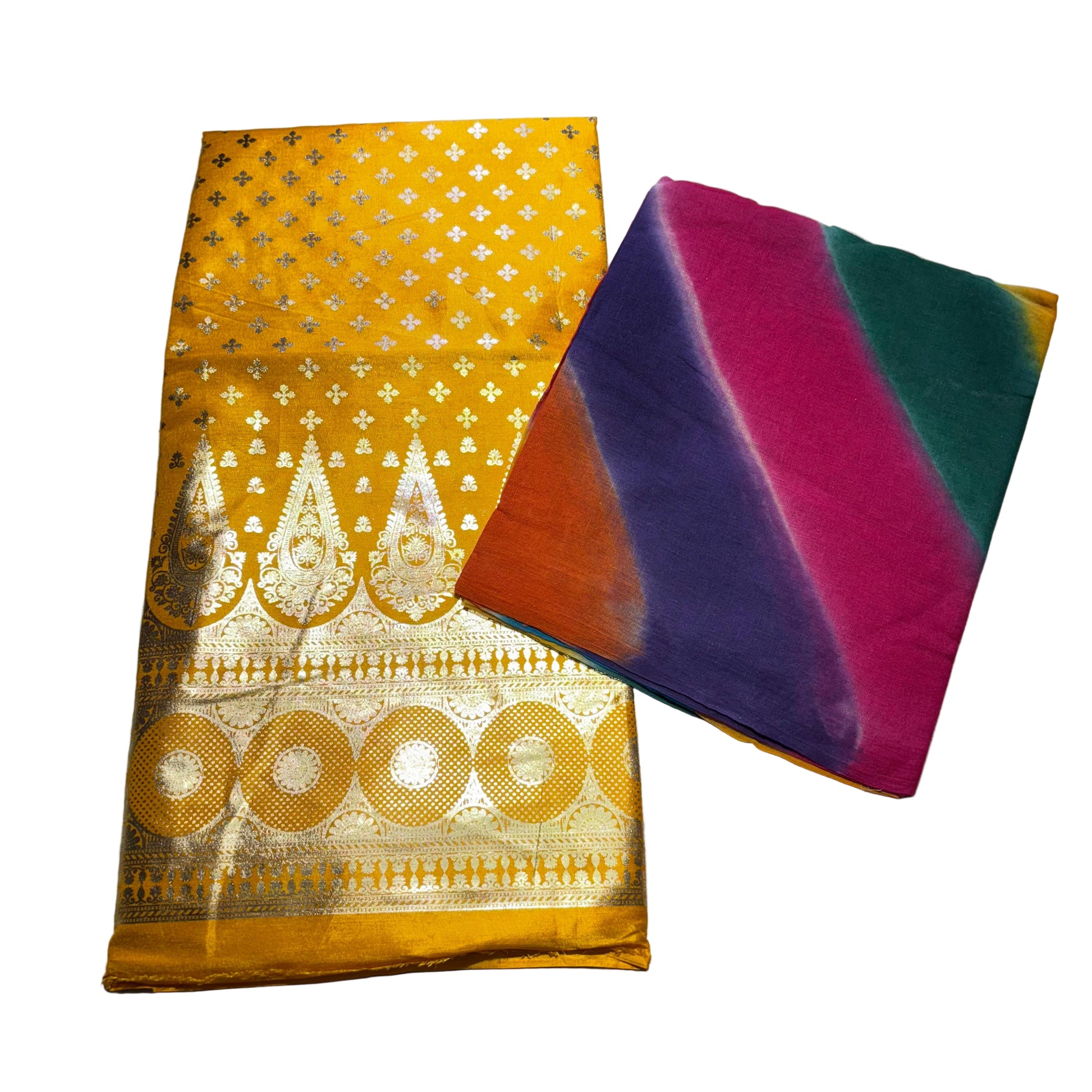 Two fabric samples on a gray surface, one yellow with patterns and the other multicolored.
