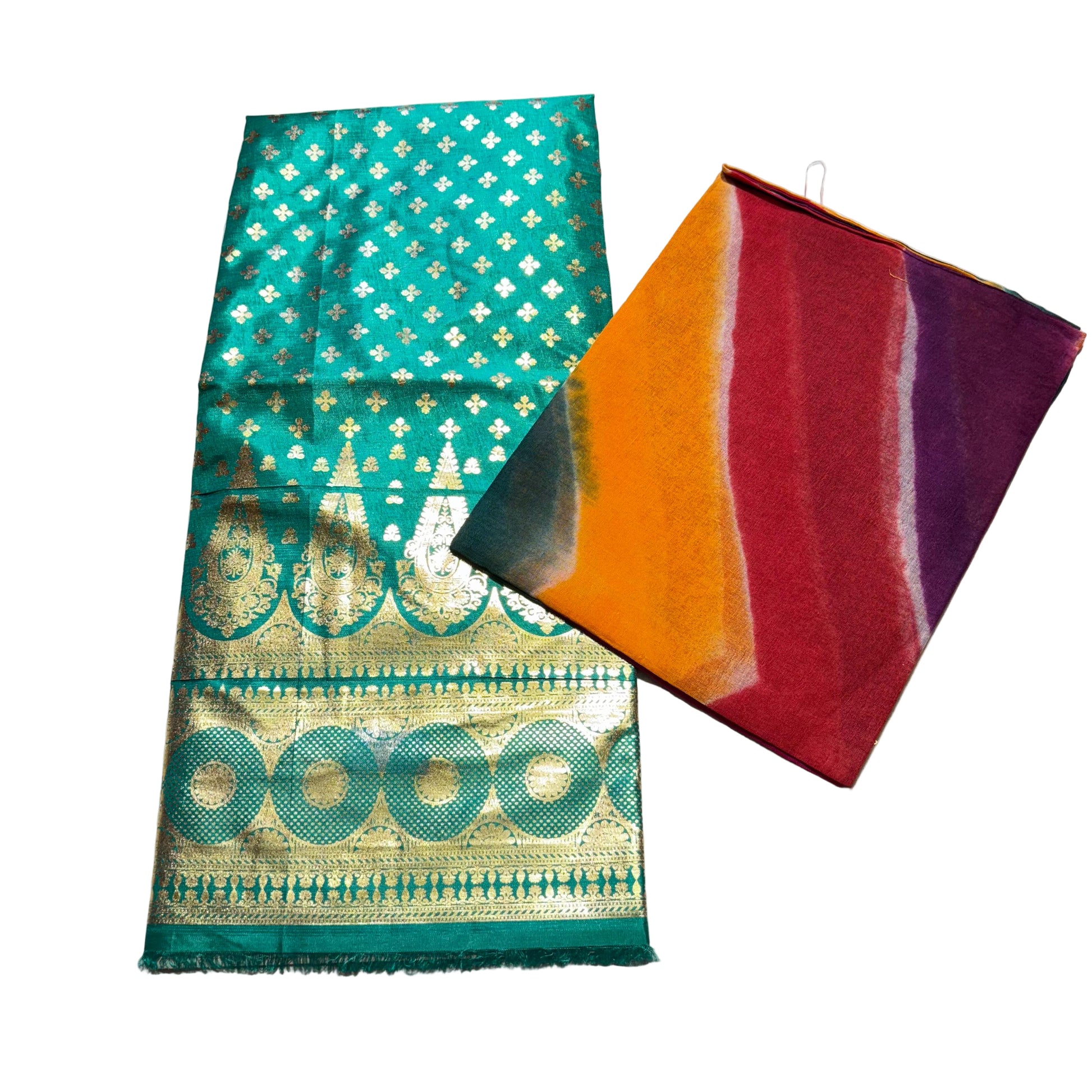 Two fabric samples, one green with gold patterns and the other multicolored, on a light gray background.