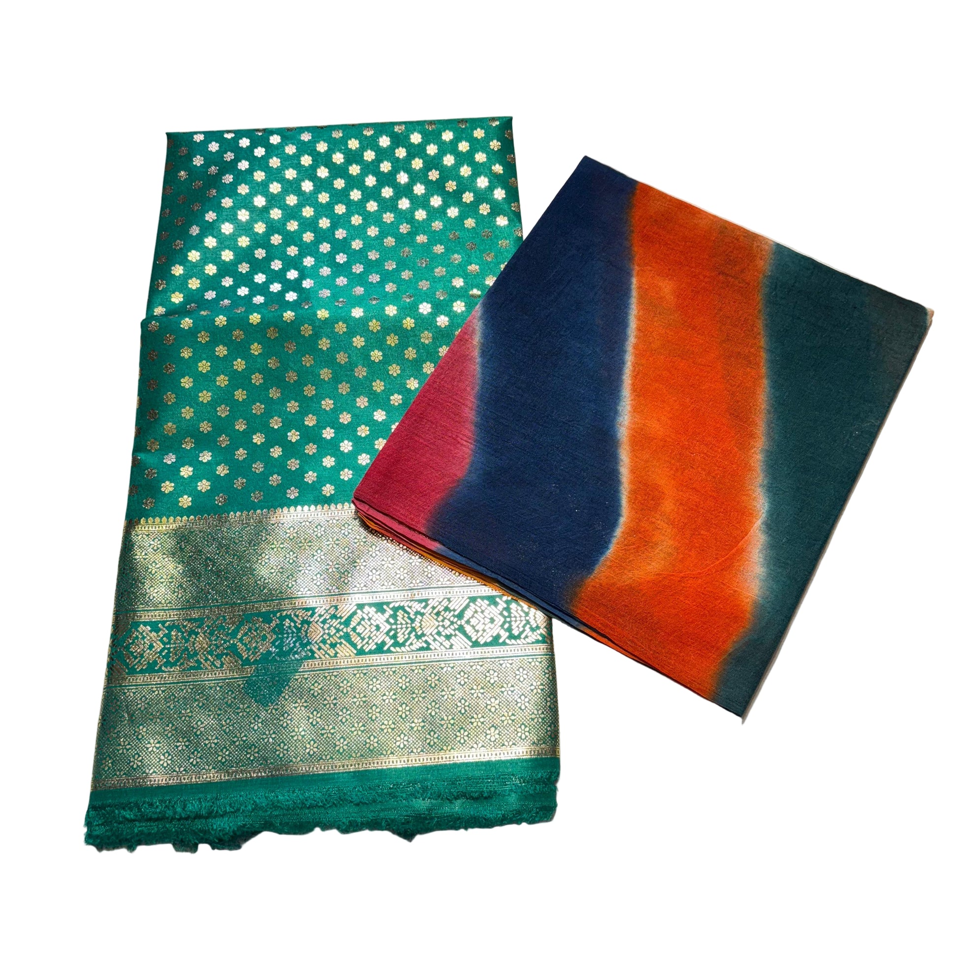 Two traditional sarees with intricate patterns on a light background