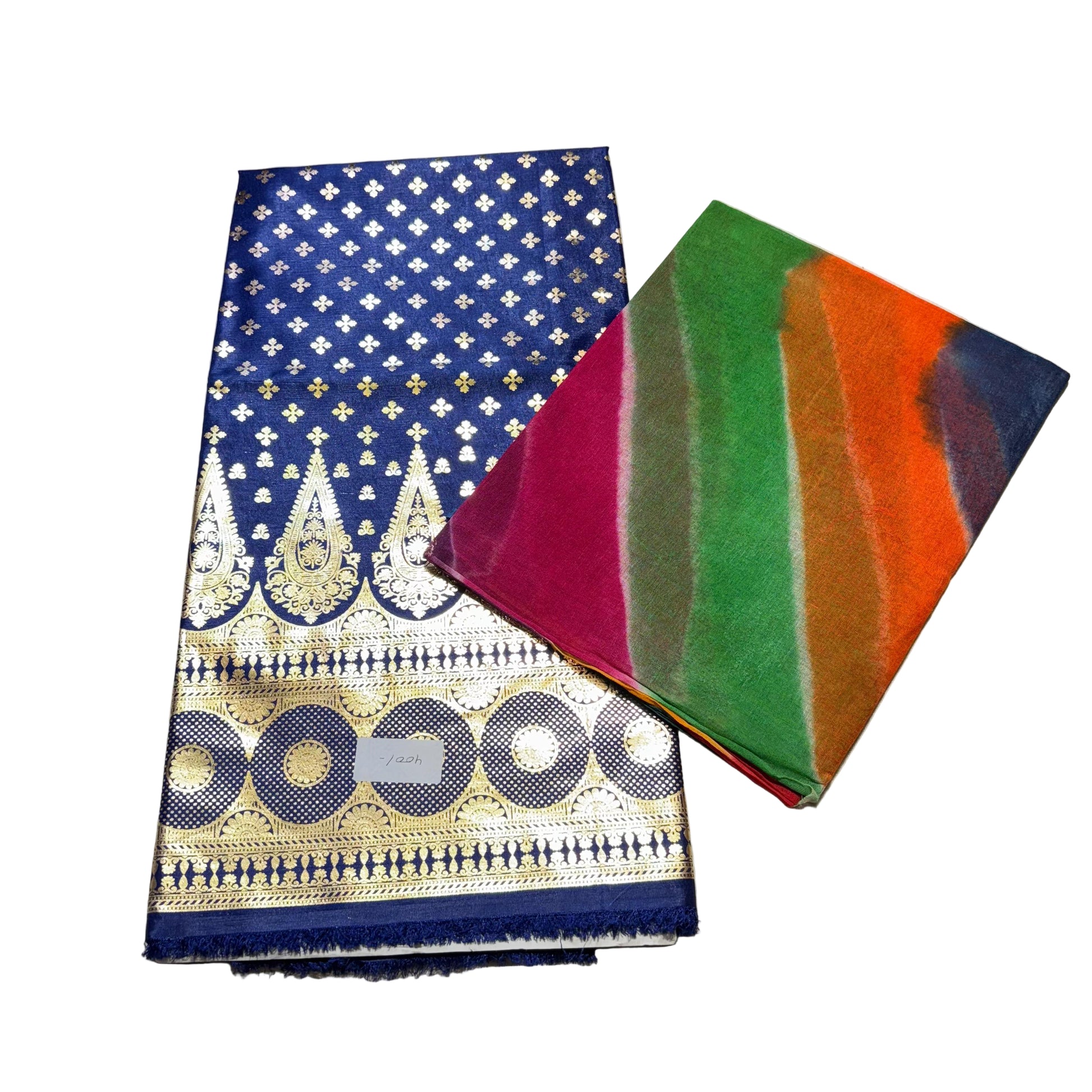 Two fabric samples on a light gray surface, one with blue and gold patterns and the other with multicolor stripes.