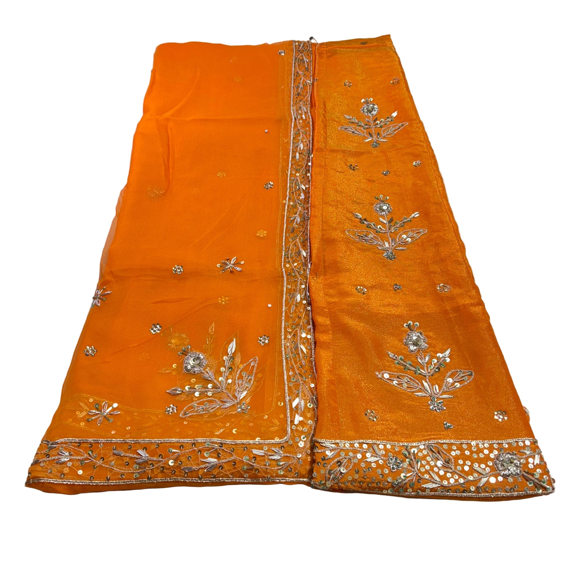 Orange fabric with silver embroidery on a white background