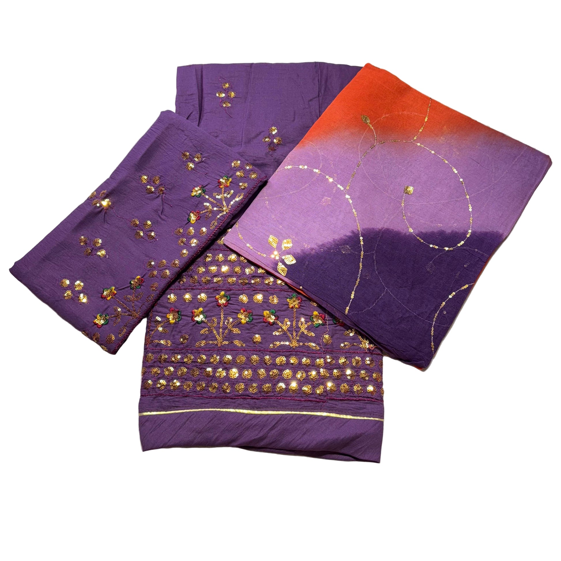 Purple fabric with gold embroidery on a textured surface