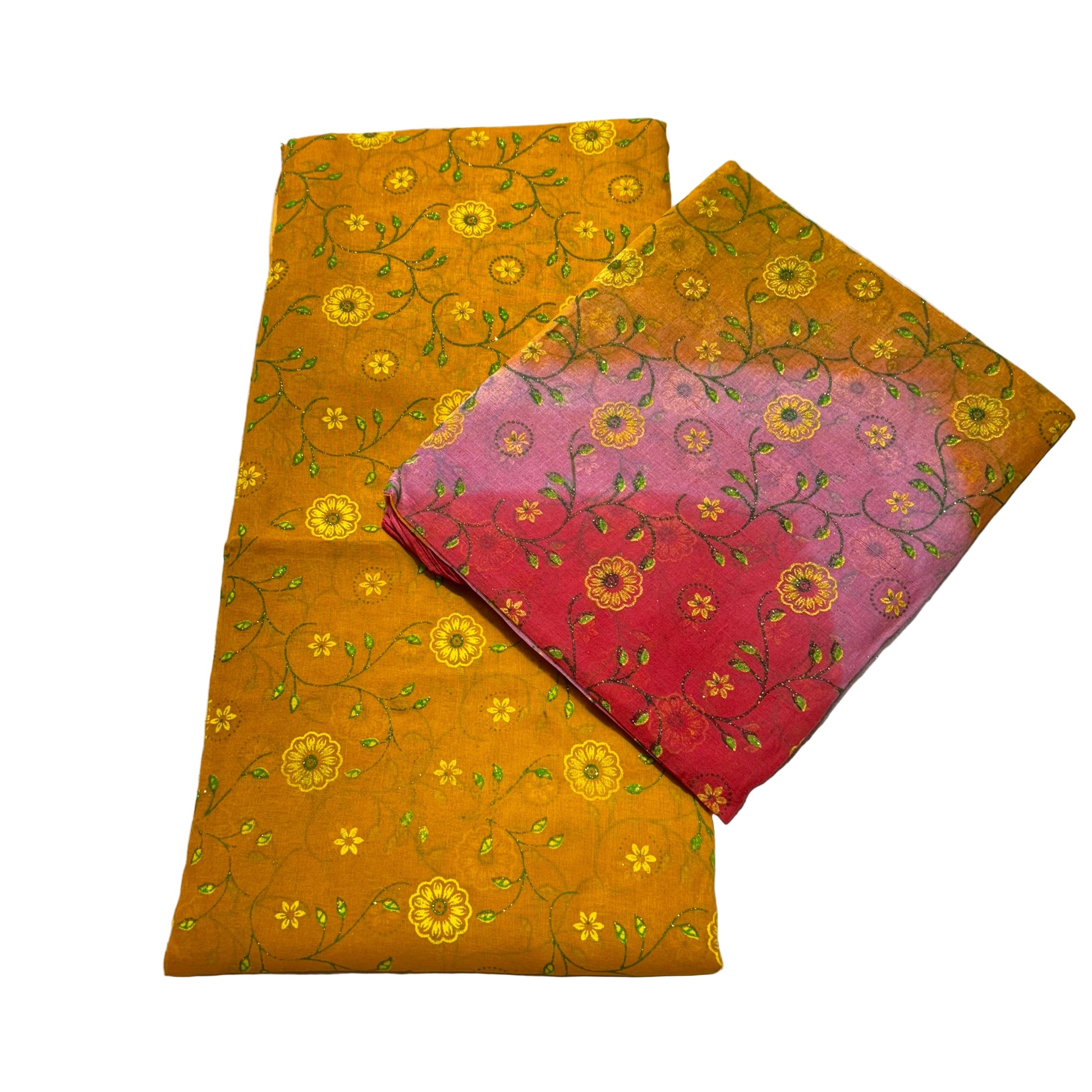 Two folded fabric pieces with floral patterns on a textured surface