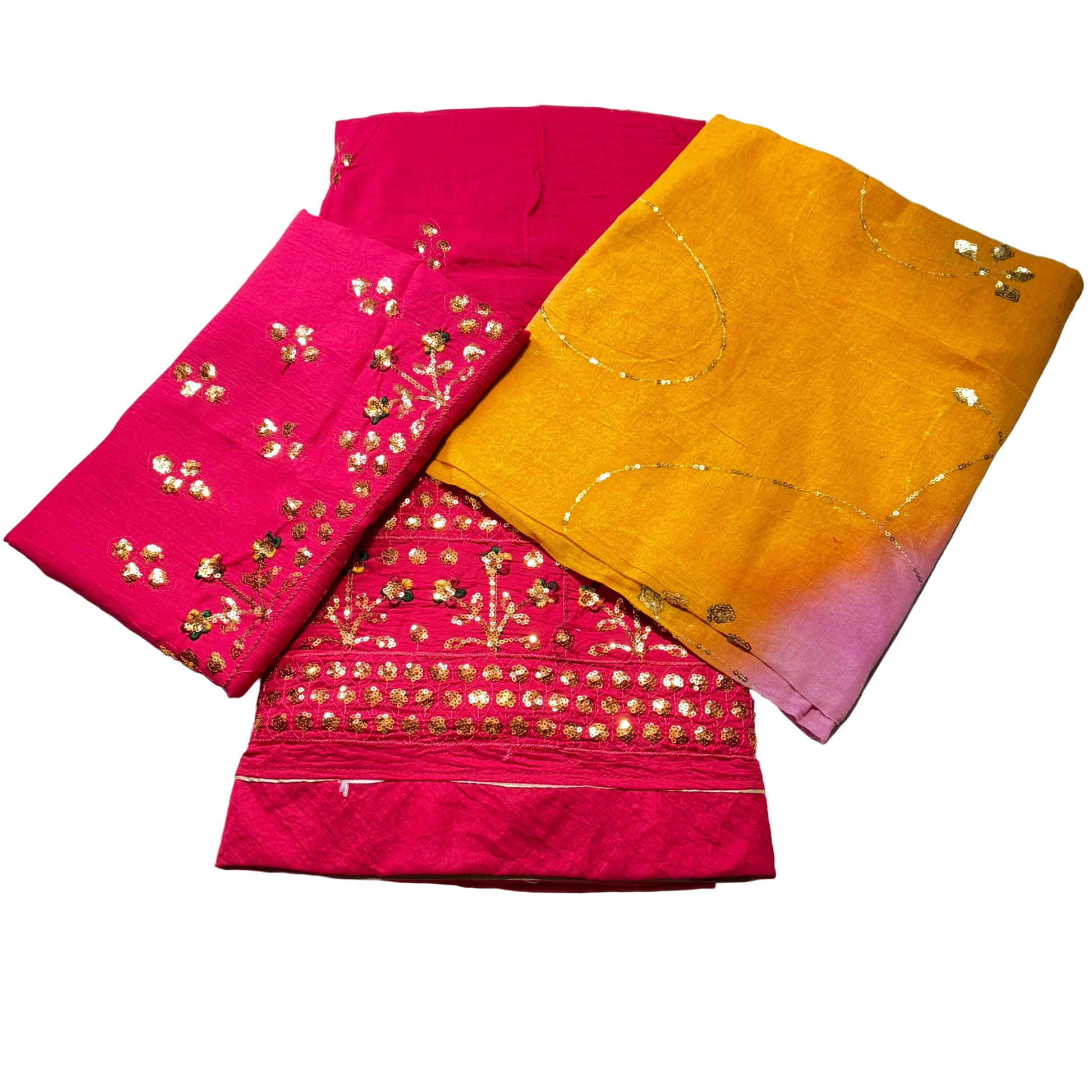 Two fabric pieces, one pink and one yellow with gold embroidery, on a white background.